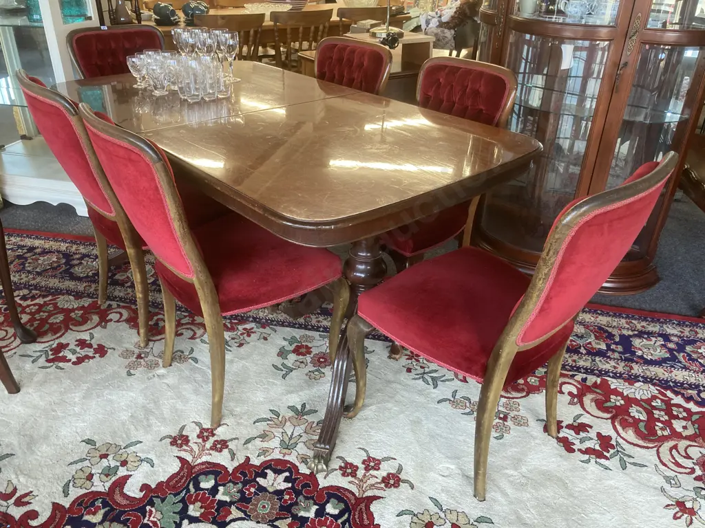 Mahogany Extension Dining Suite, Double Pedestal Brass Claw Feet, 6 Red Velour Buttonback Chairs, H77 L164 D90cm Image 1++