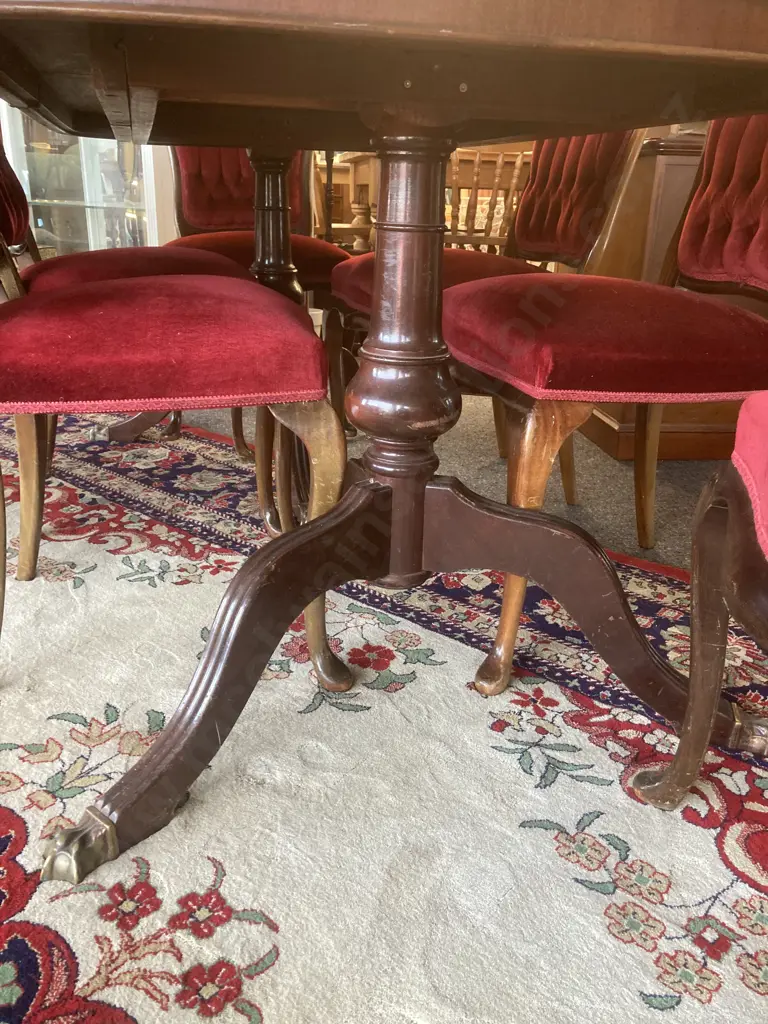 Mahogany Extension Dining Suite, Double Pedestal Brass Claw Feet, 6 Red Velour Buttonback Chairs, H77 L164 D90cm Image 1++
