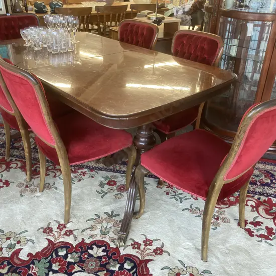 Mahogany Extension Dining Suite, Double Pedestal Brass Claw Feet, 6 Red Velour Buttonback Chairs, H77 L164 D90cm