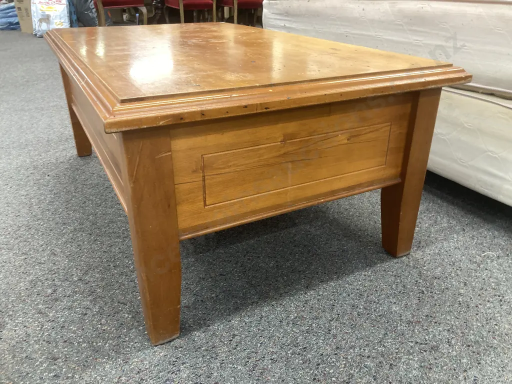 Coffee Table, Wooden Rectangular With Swing Up Top For Wine Rack & StorageH44 L114 D68cm Image 1++