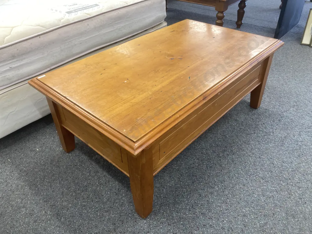 Coffee Table, Wooden Rectangular With Swing Up Top For Wine Rack & StorageH44 L114 D68cm Image 1++