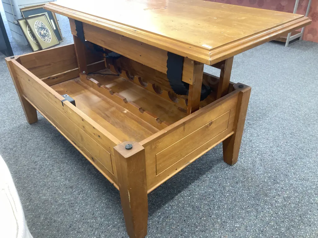 Coffee Table, Wooden Rectangular With Swing Up Top For Wine Rack & StorageH44 L114 D68cm Image 1++