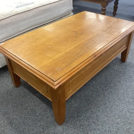 Coffee Table, Wooden Rectangular With Swing Up Top For Wine Rack & StorageH44 L114 D68cm