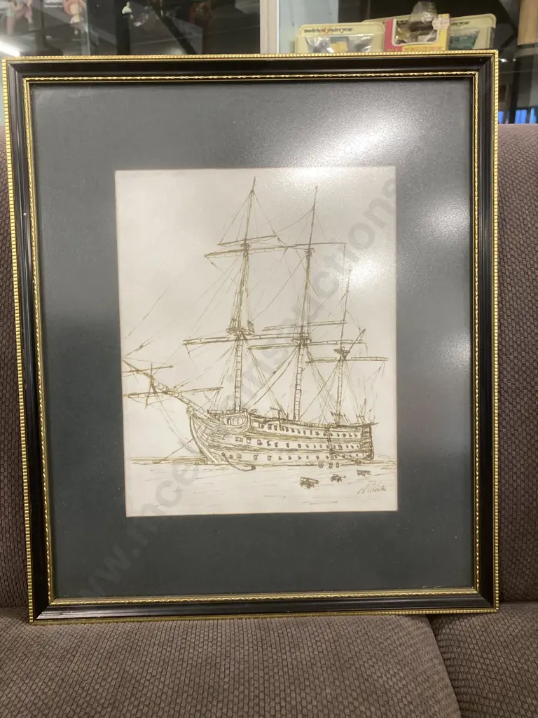 Original Framed Drawing By P Rossiter 'Ship" Image 1++