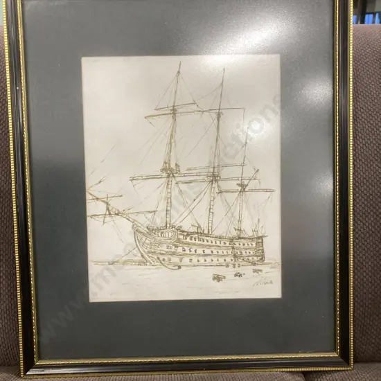 Original Framed Drawing By P Rossiter 'Ship"