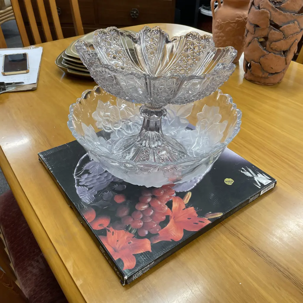 Vintage Glassware, Pedestal Bowl, Dessert Platter, Large Bowl Image 1++