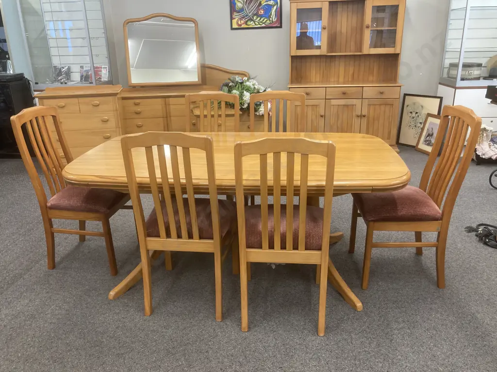 Rimu Rectangular Dining Table, Double Pedestal, Avenue Furniture, 180 x 102cm With Six Slat Back Chairs Image 1++