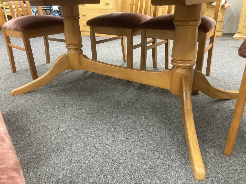 Rimu Rectangular Dining Table, Double Pedestal, Avenue Furniture, 180 x 102cm With Six Slat Back Chairs Image 1++