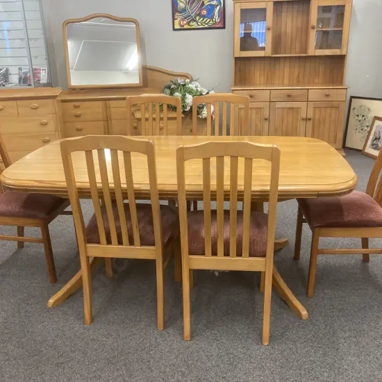 Rimu Rectangular Dining Table, Double Pedestal, Avenue Furniture, 180 x 102cm With Six Slat Back Chairs