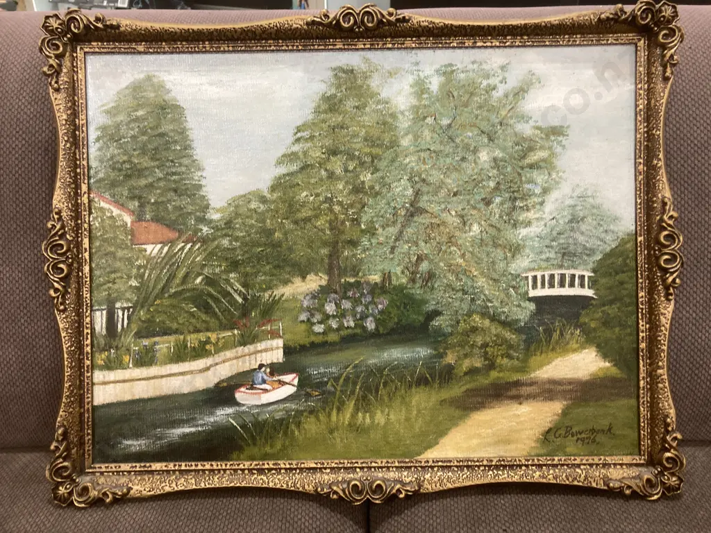 Original Artwork By LG Bowerbank 1976 Titled 'Saturday Afternoon' Waitete Trout Stream, Ngongotaha, Gilt Frame Image 1++