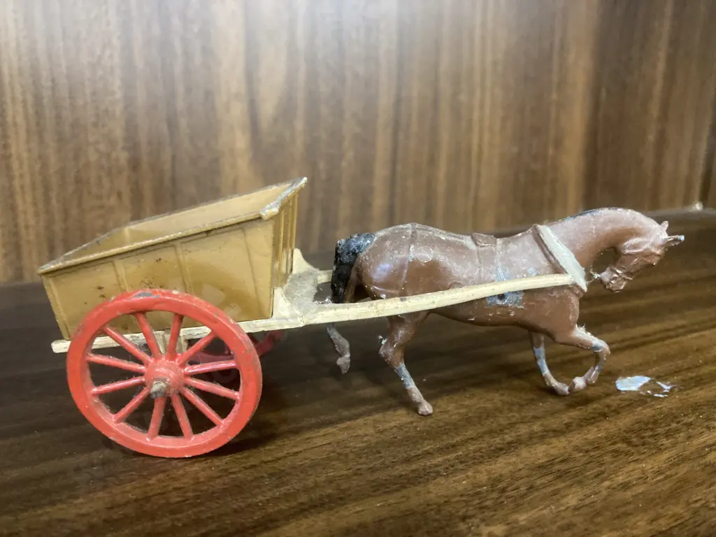 Vintage Britains Lead / Tin Horse & Cart Sets, & Britains Proprietors Horse & Plough With Farmer, Made in England Image 1++