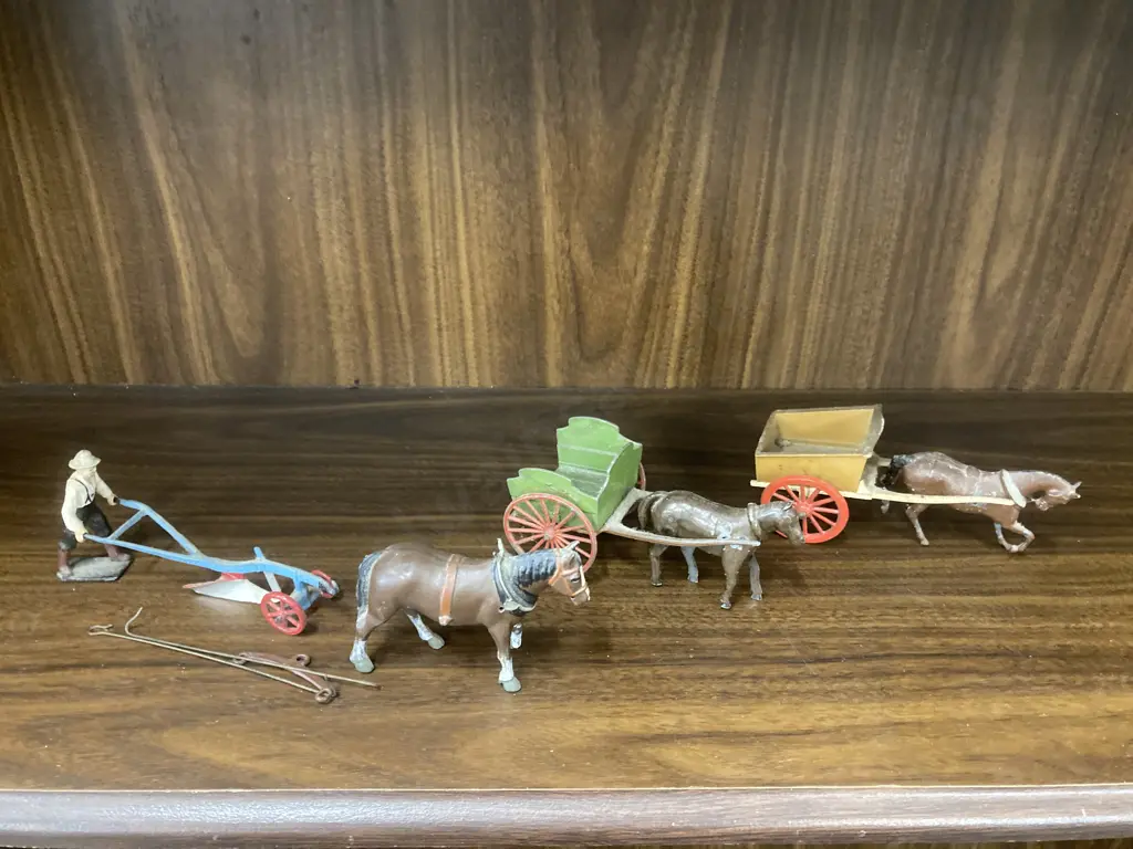 Vintage Britains Lead / Tin Horse & Cart Sets, & Britains Proprietors Horse & Plough With Farmer, Made in England Image 1++