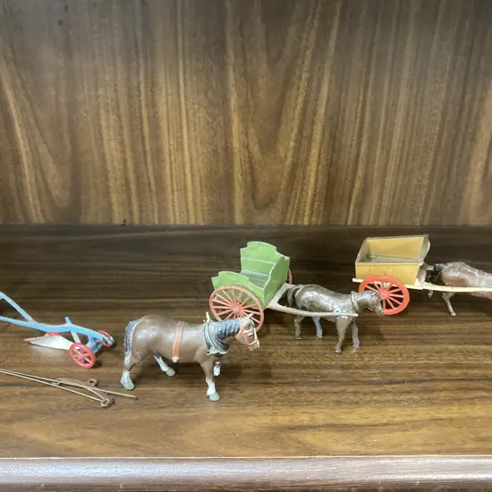 Vintage Britains Lead / Tin Horse & Cart Sets, & Britains Proprietors Horse & Plough With Farmer, Made in England