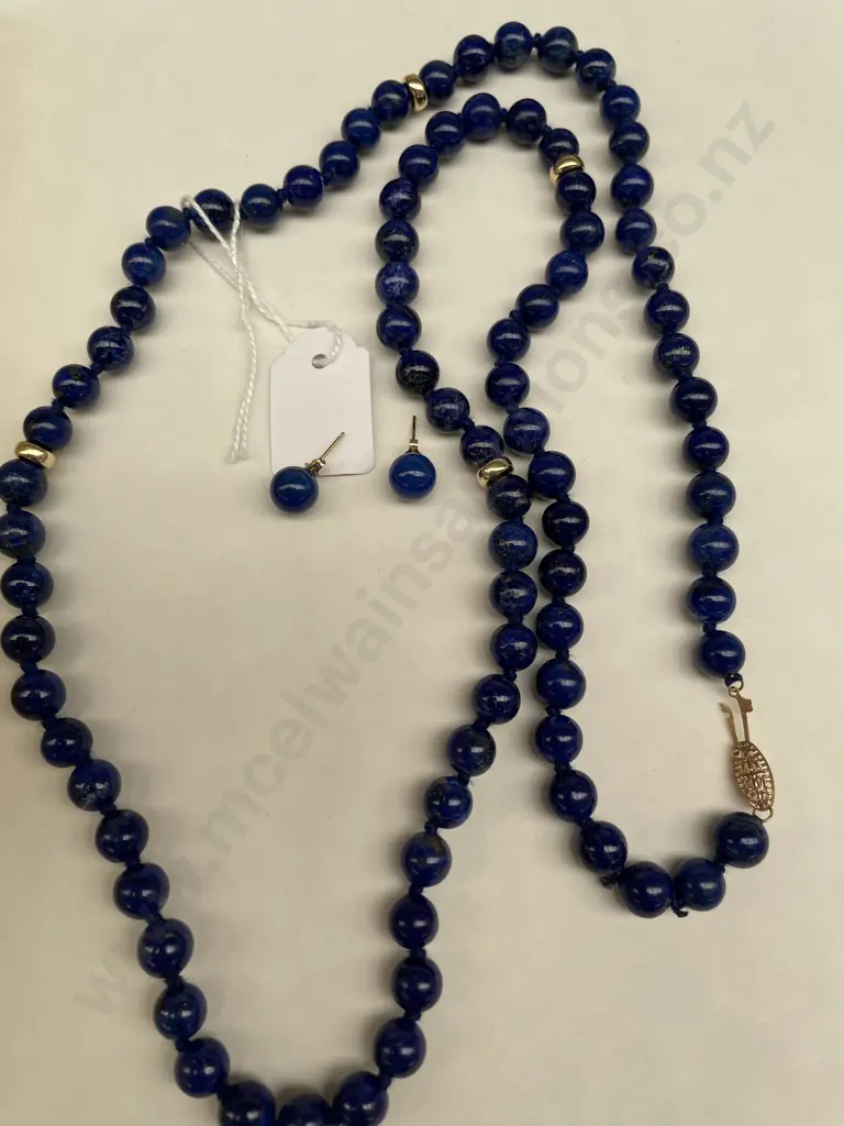 Stunning Lapus Necklace and matching earring. Clasp and earring marked 14K. L76cm Image 1++