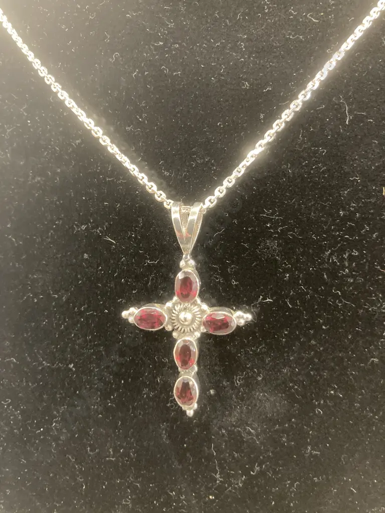 Sterling Silver Cross Necklace With Garnets Image 1++