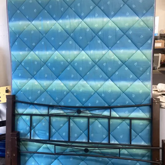 Queen Size Bed, Dark Wood & Black Steel Frame With a Green & Blue Innersprung Mattress