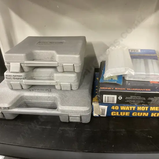 Cased Tools x 5, Soldering Iron, Mini Rotary Tool, 90 Degree Tool, 2 x Glue Guns & Glue Stick Packets
