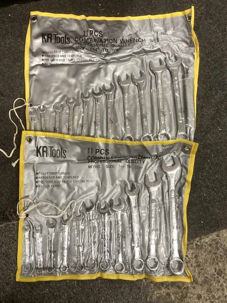 KR Tools 11 Pc. Combination Wrench Sets x 2, 7mm to 22mm, 1/4" to 7/8" Image 1++