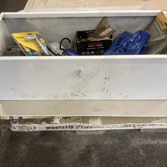 White Steel Tool Chest, Stanley Pot Riveter, Combination Wrenches, Drill Bits, Hammers, MechPro Worklight Etc