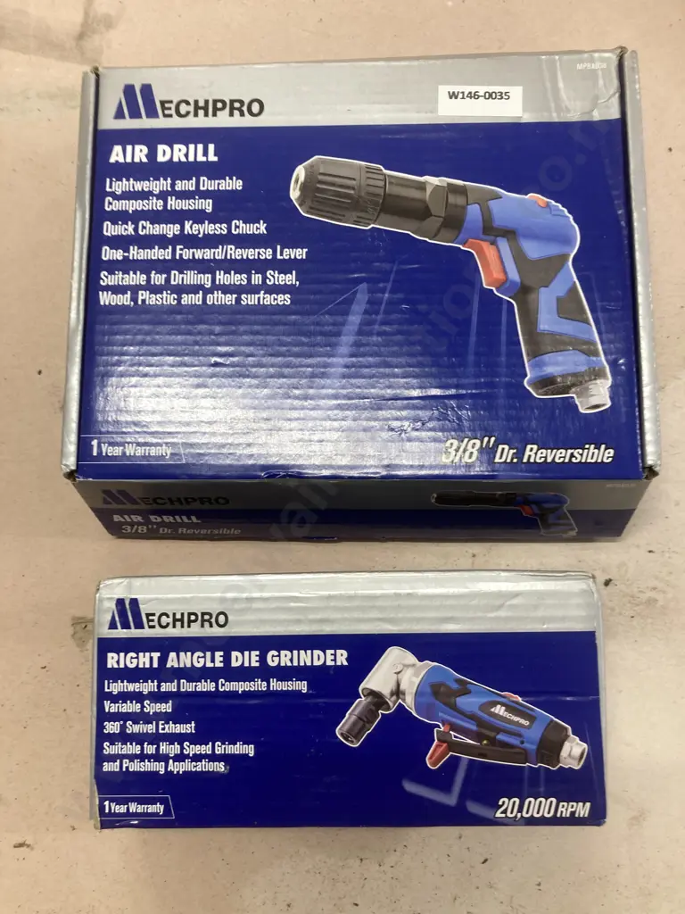 MechPro 3/8" Reversible Air Drill & Right Angle Air Grinder, Both New In Box Image 1++