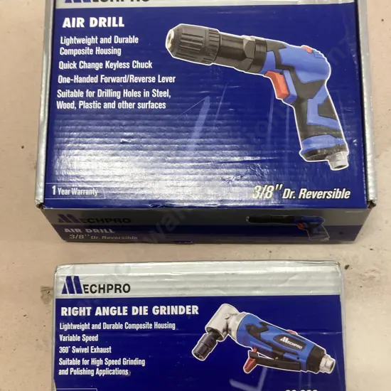MechPro 3/8" Reversible Air Drill & Right Angle Air Grinder, Both New In Box