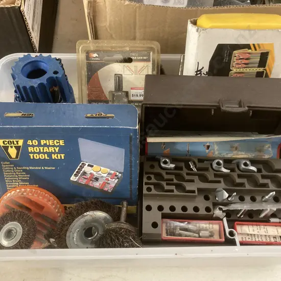 Box lot Rotary Tool Kit, Router Bits In Case, Hole Saw, Drill Bits Etc
