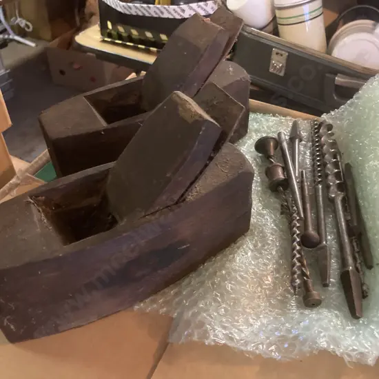 Pair of Vintage Wooden Block Planes, L20cm, With Assorted Augers Etc