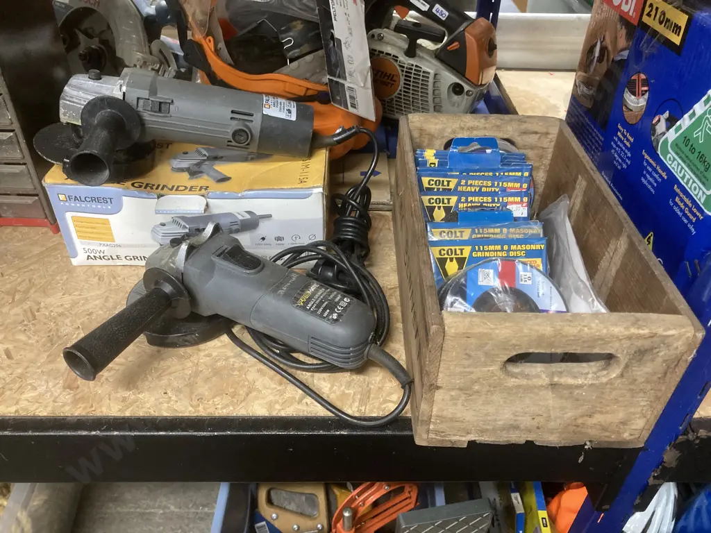 Falcrest & Promate Angle Grinders With a Box Of Assorted Grinding & Sanding Discs Image 1++