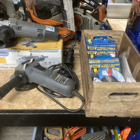 Falcrest & Promate Angle Grinders With a Box Of Assorted Grinding & Sanding Discs