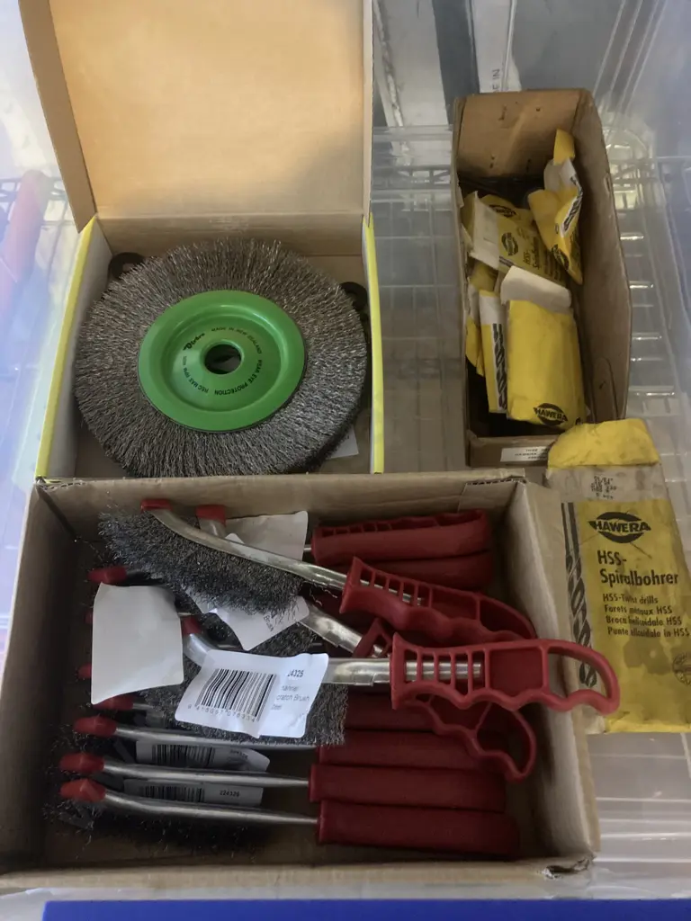 Clear Bin, New S/S Bench Grinder Wheels, Twist Drills & Steel Channel Scratch Brushes Image 1++