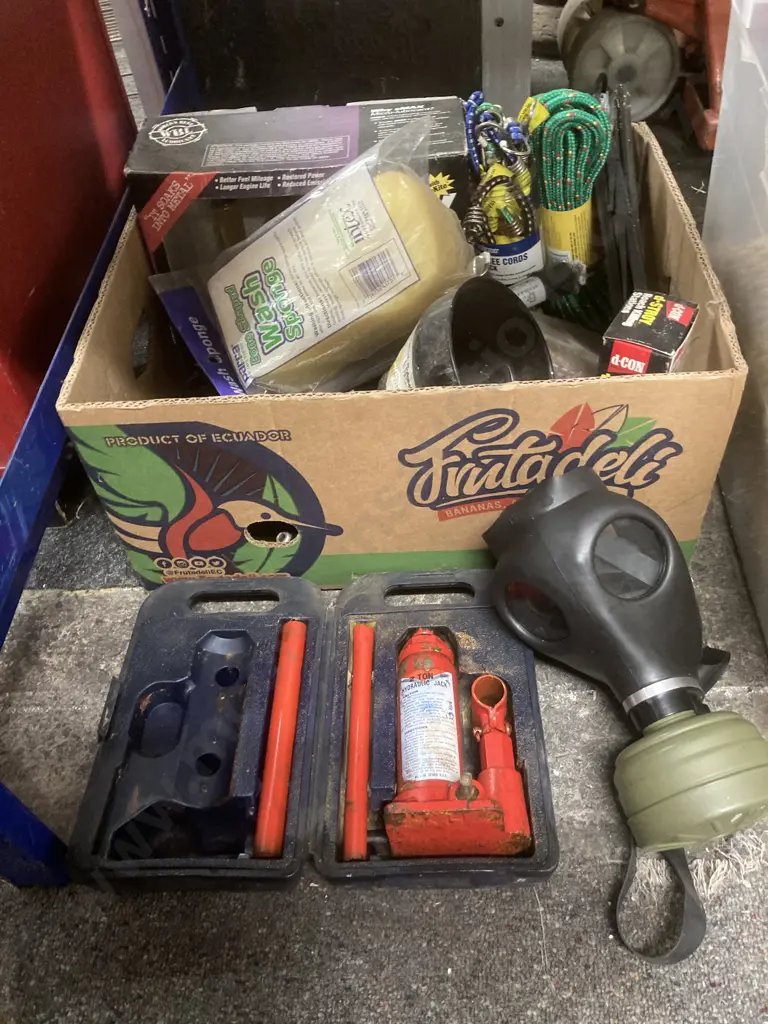 Box Lot Bungees, ZMax, Rubber Mask, 2 Ton Jack in Case Etc Image 1++