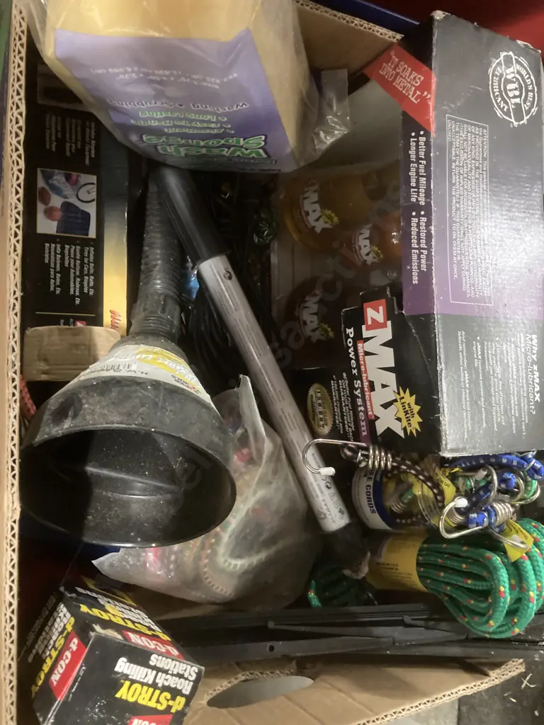 Box Lot Bungees, ZMax, Rubber Mask, 2 Ton Jack in Case Etc Image 1++