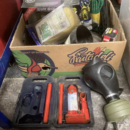 Box Lot Bungees, ZMax, Rubber Mask, 2 Ton Jack in Case Etc