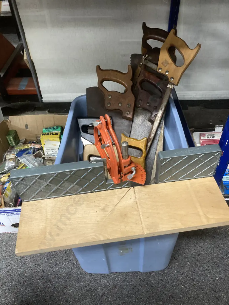 Grey Bin of Nine Assorted Saws, Blades & Mitre Saw Stand Image 1++