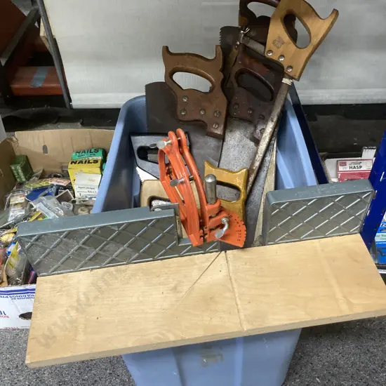 Grey Bin of Nine Assorted Saws, Blades & Mitre Saw Stand