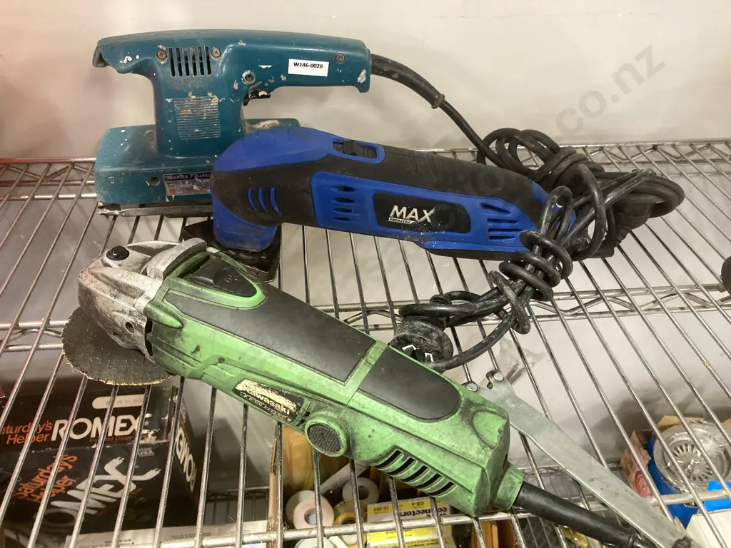 Kawasaki 100mm Angle Grinder, Max Predator 200W MFT, Makita Finishing Sander Image 1++