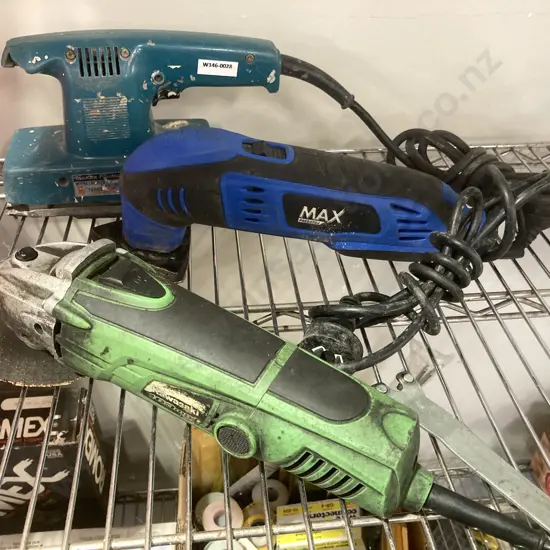 Kawasaki 100mm Angle Grinder, Max Predator 200W MFT, Makita Finishing Sander