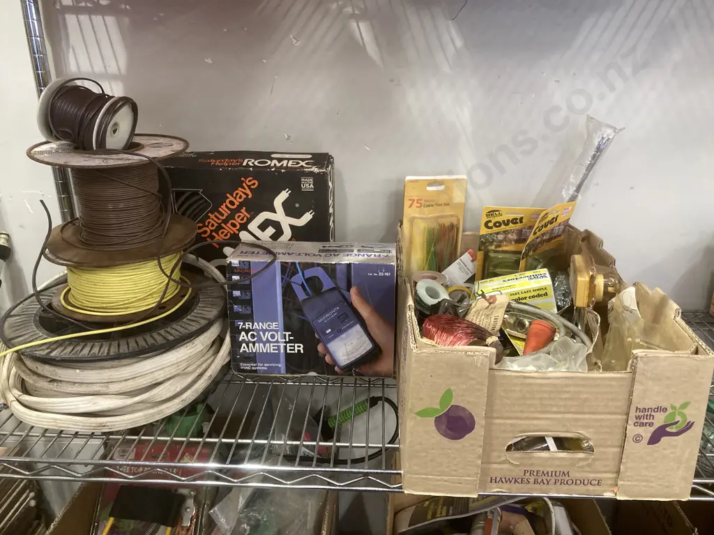 Rolls of Assorted Electric Cable, AV Volt-Ammeter, Box Lot Pins, Fittings, Tape Etc Image 1++