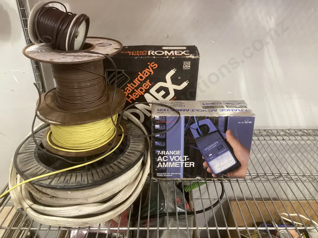 Rolls of Assorted Electric Cable, AV Volt-Ammeter, Box Lot Pins, Fittings, Tape Etc Image 1++