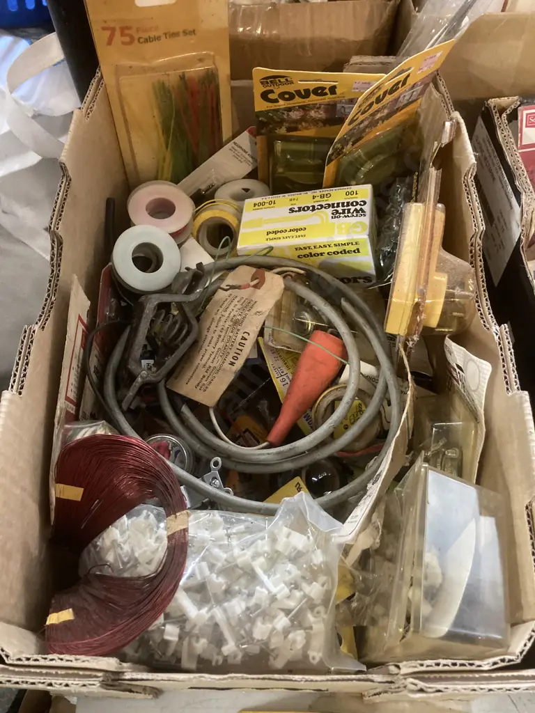 Rolls of Assorted Electric Cable, AV Volt-Ammeter, Box Lot Pins, Fittings, Tape Etc Image 1++