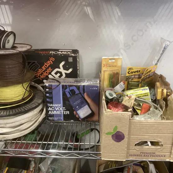 Rolls of Assorted Electric Cable, AV Volt-Ammeter, Box Lot Pins, Fittings, Tape Etc
