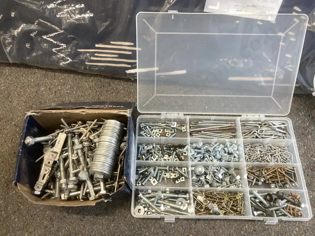 Sorter Box & Cardboard Box of Assorted Nails, Staples, Screws, Nuts & Bolts, Washers Etc Image 1++