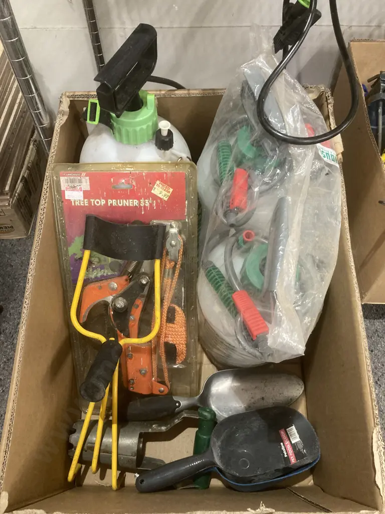 Step Stool Storage Holder, Box of Sprayers, Pruner Set, Trowels Etc Image 1++