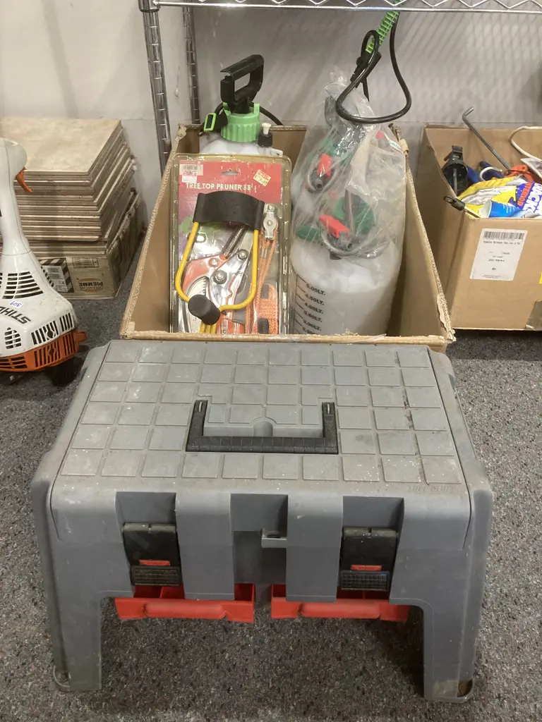 Step Stool Storage Holder, Box of Sprayers, Pruner Set, Trowels Etc Image 1++