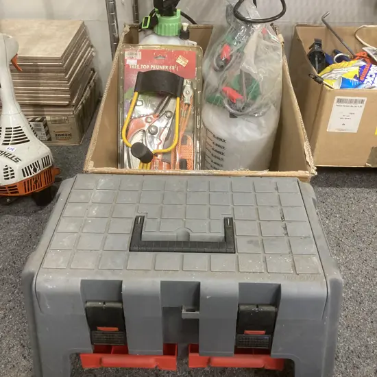 Step Stool Storage Holder, Box of Sprayers, Pruner Set, Trowels Etc