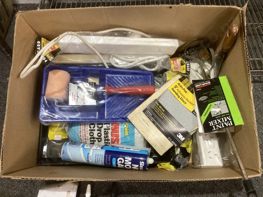 Box lot Paint Accessories, Rollers, Trays, Caulk Guns, Sealants, B Safe, Power Boards Etc Image 1++
