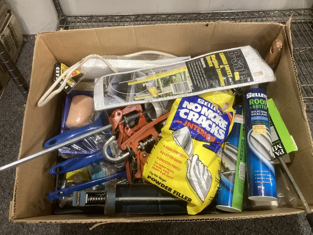Box lot Paint Accessories, Rollers, Trays, Caulk Guns, Sealants, B Safe, Power Boards Etc Image 1++