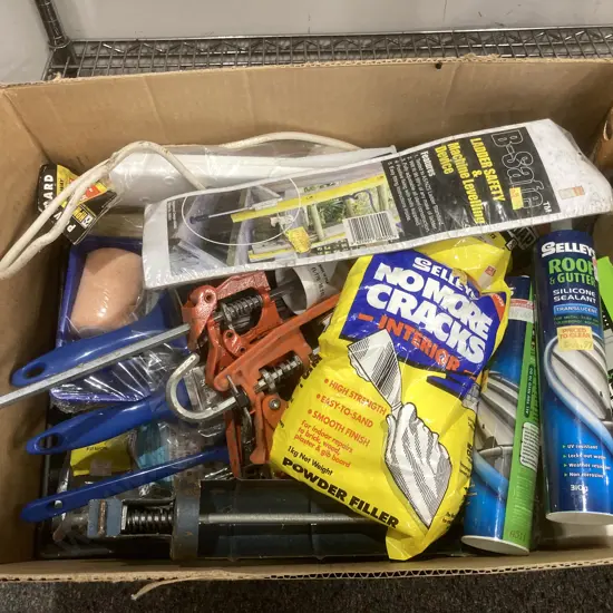 Box lot Paint Accessories, Rollers, Trays, Caulk Guns, Sealants, B Safe, Power Boards Etc