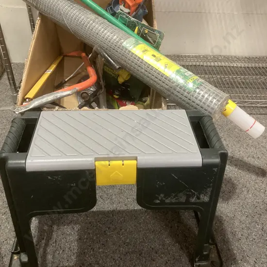 Step Stool Storage Holder, Box of Netting, Weed Wand, Sprinklers, Sprayer Etc