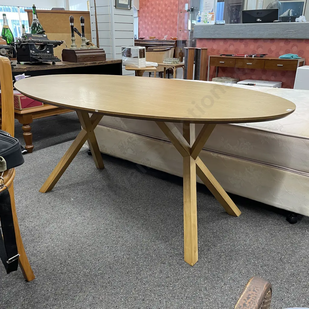 Solid Oak Dining Table. Oval Top 180 x 100cm. H76cm. Double Cross Base. Image 1++